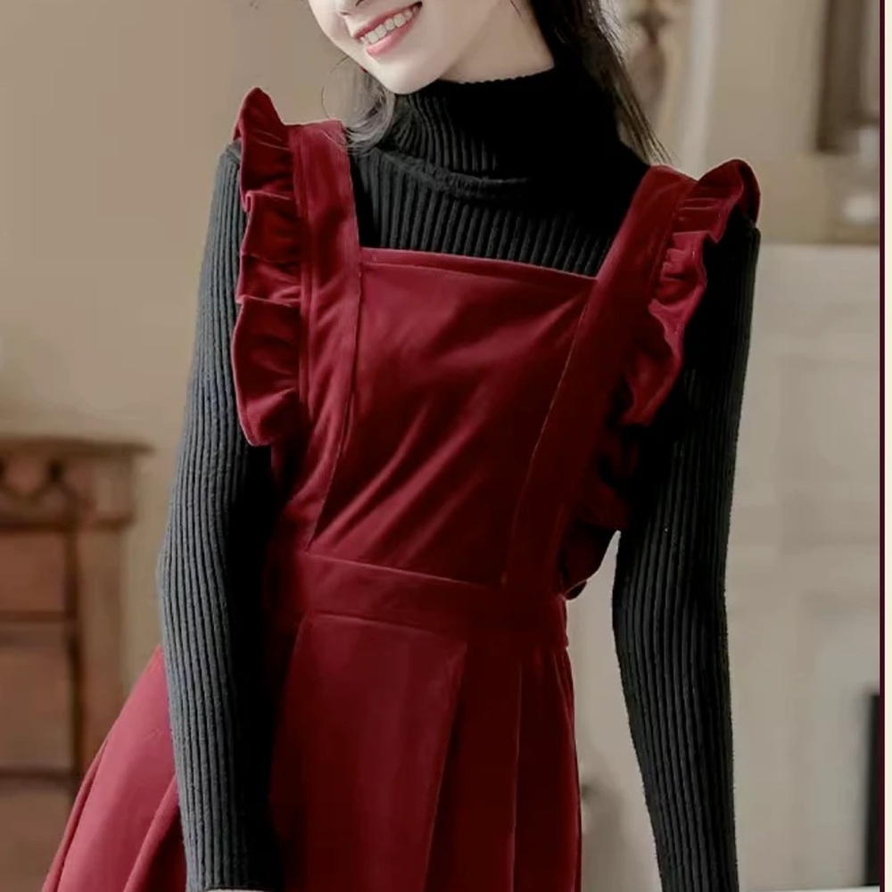 Frilly Velvet Apron‎ Pinafore Dress-Burgundy Red-XS/S - Picture 6 of 15